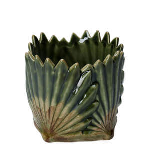 Gisela Graham Ceramic Pot Cover Antiqued Green Fan Leaf